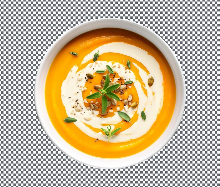 Вкусный и вкусный суп из тыквы с орехами, изолированный на прозрачном фоне