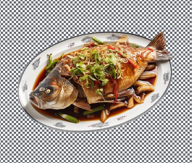 Yummy and delicious ginger soy steamed fish isolated on transparent background