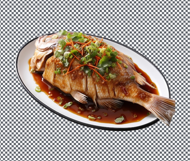 PSD yummy and delicious ginger soy steamed fish isolated on transparent background
