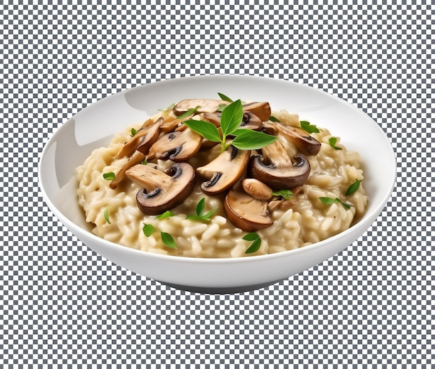 Yummy and delicious mushroom risotto creamy italian rice dish isolated on white background