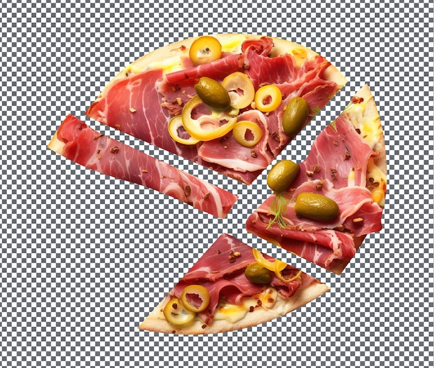 Yummy and delicious pastrami thin slices isolated on transparent background