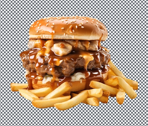 Il gustoso e delizioso poutine burger isolato su uno sfondo trasparente