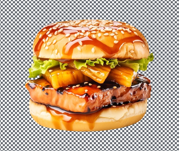 PSD yummy and delicious teriyaki salmon burger isolated on transparent background