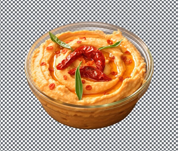 Yummy and delicious tomato hummus isolated on transparent background