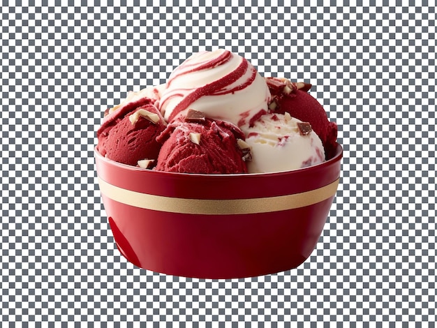 Вкусные красные бархатные ложки мороженого, выделенные на прозрачном фоне