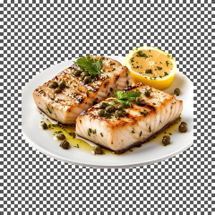 PSD вкусная жареная рыба-меч с каперсами, выделенными на прозрачном фоне