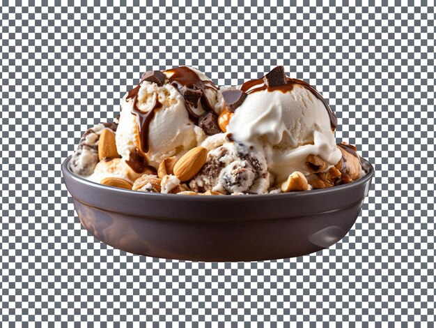 Yummy rocky road ice cream bowl isolated on transparent background