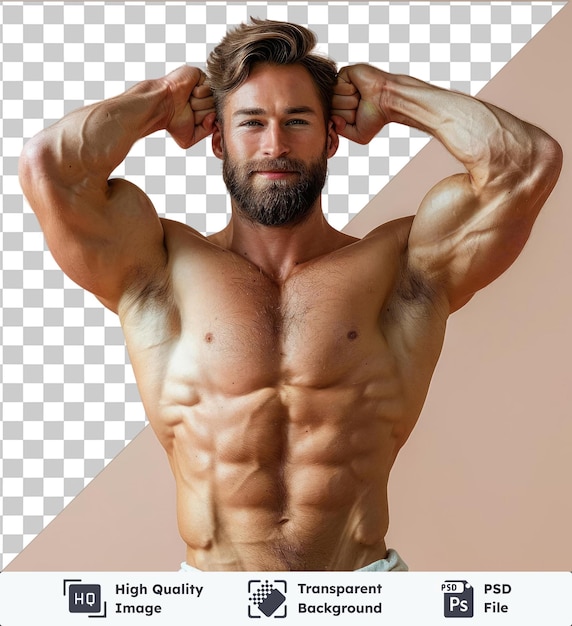 PSD z bliska portret atrakcyjnego wesołej treści potężny facet demonstrujący białko biceps z rękami podniesionymi w powietrzu nosząc niebieskie i białe szorty i czarną brodę z brązowymi włosami i