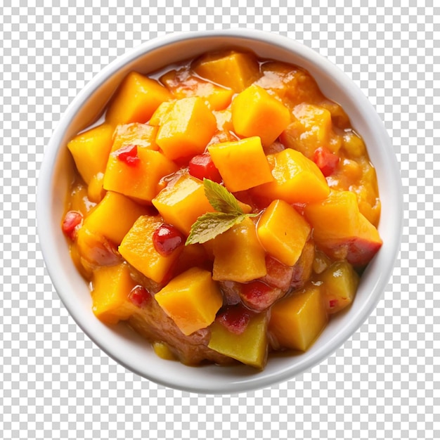 Z góry widok chutney z mango w białej misce z izolowanym białym tłem
