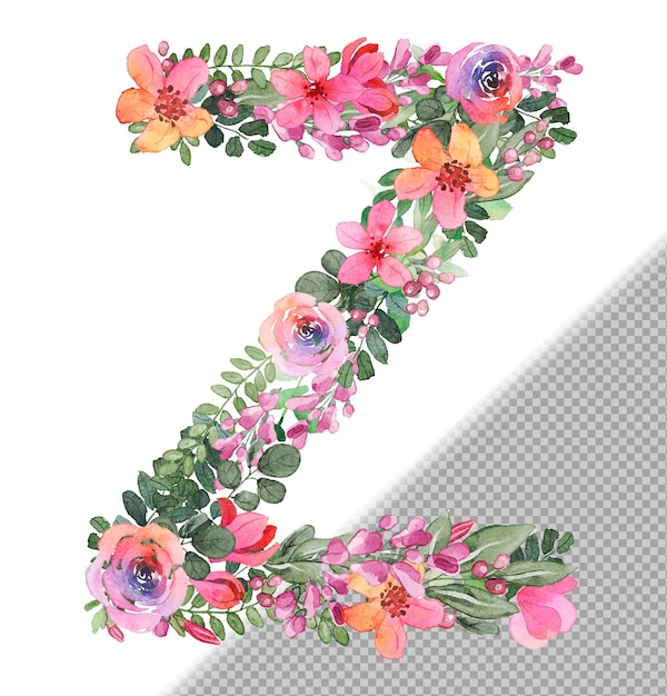 PSD z letter in uppercase made of soft handdrawn flowers and leaves