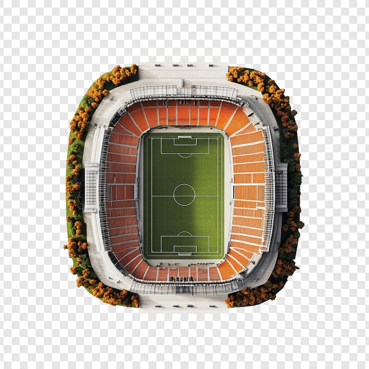 PSD z powietrza widok nowoczesnego stadionu piłkarskiego z bujną zielenią