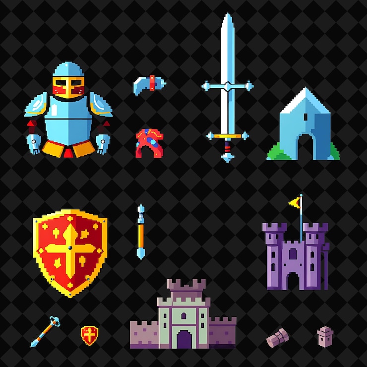 PSD z przedmiotami knight armor set sword shield castle pełny zestaw knight armor standing tall a sword