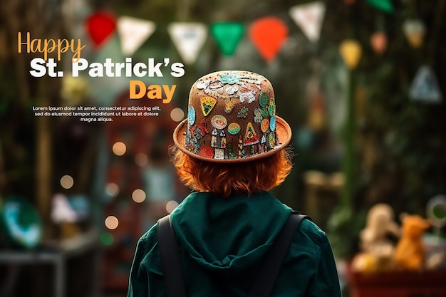 PSD z tyłu widok chłopca z czerwonymi włosami w kapeluszu z dekoracjami koncepcja dnia św. patryka