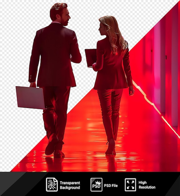 PSD z tyłu widok mężczyzny z laptopem i kobiety w garniturze idących wzdłuż oświetlonego korytarza w przestrzeni biurowej png psd