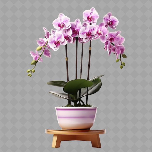 PSD z2 orchid in ceramic pot on wooden tiered stand with color purp isolated green tree for home decor
