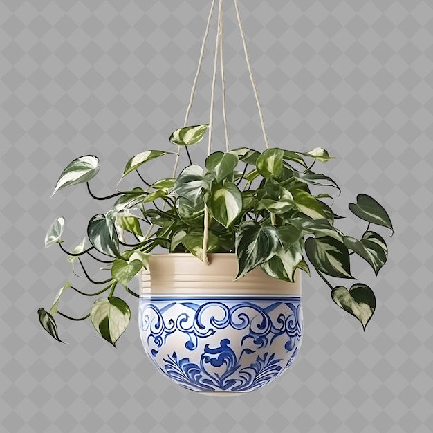 PSD z2 pothos vines in vaso di ceramica appeso a una corda con colore blu albero verde isolato per la decorazione della casa