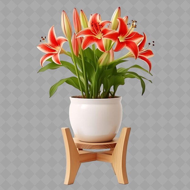 PSD z2 rubrum lily in vaso di ceramica su supporto di legno con colori rosso un albero verde isolato per la decorazione della casa