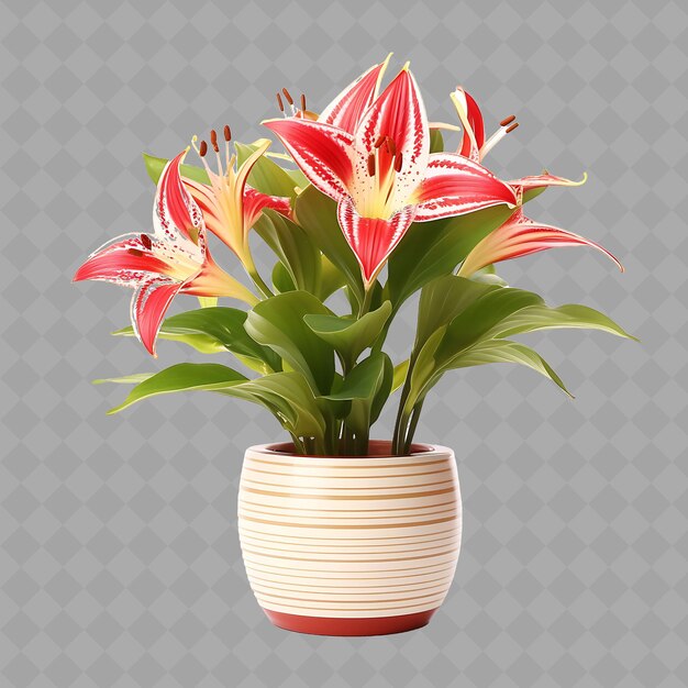 PSD z2 rubrum lily in ceramic pot on wooden stand with colors red a isolated green tree for home decor