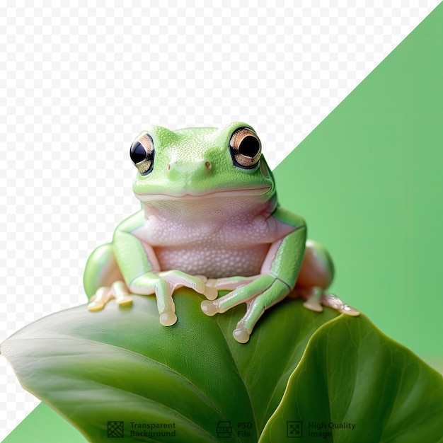 PSD Żaba siedzi na liściu, na którym widnieje słowo „żaba”.