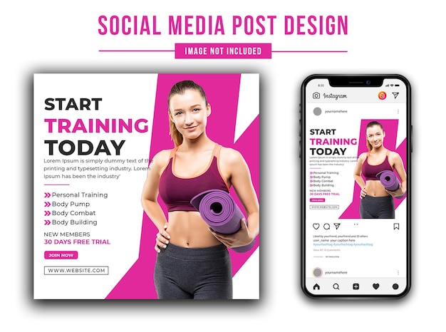 Zacznij trenować już dziś siłownia i fitness PSD szablon postu w mediach społecznościowych