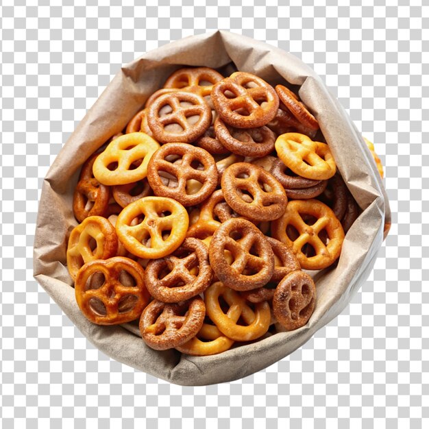 Zak met verscheiden geurige pretzelbeten geïsoleerd op een doorzichtige achtergrond