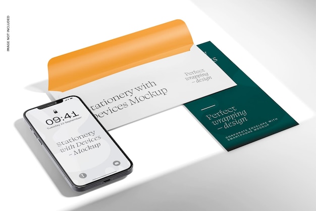 Zakelijke envelop met smartphone-mockup, perspectief