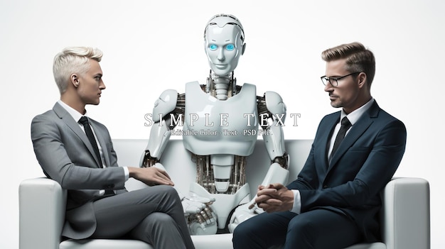 PSD zakelijke mensen en humanoïde ai-robot zitten en wachten op een sollicitatiegesprek ai versus mens