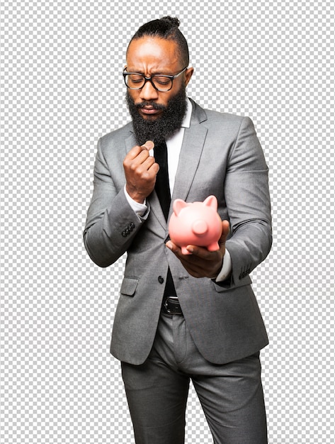 Zakelijke zwarte man sparen met een spaarvarken