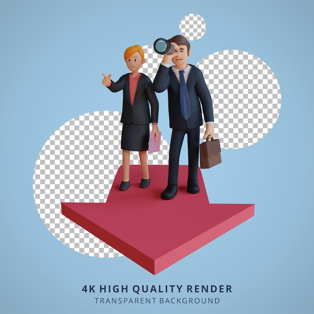 Zakenman en vrouwen zijn op zoek naar ideeën voor bedrijven met karakter 3d karakterillustratie
