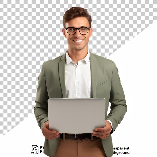 PSD zakenman met een laptop geïsoleerd op een doorzichtige achtergrond png-bestand