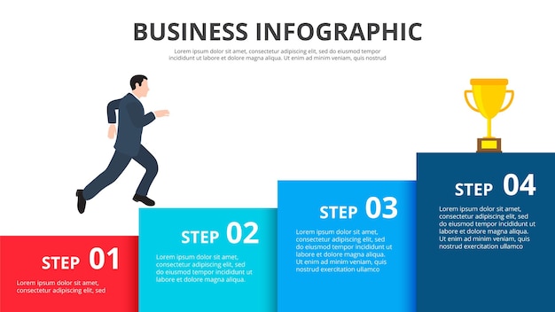 Zakenman stapt de trap op naar de trofee Groei-infographics met 4 opties