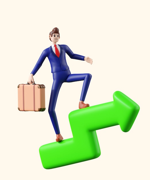 zakenman vliegen op pad van succesvolle currency3D illustratie van Cute cartoon glimlachend geïsoleerd op een witte achtergrond