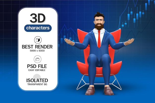 PSD zakenman zittend in de stoel 3d-rendering