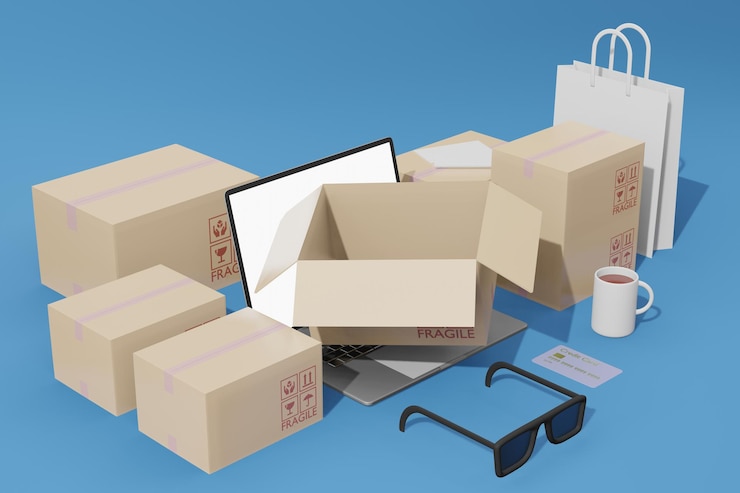 PSD zakupy online e-commerce z makietą laptopa i pudełek w renderowaniu 3d