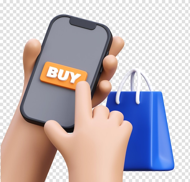 Zakupy online na smartfonie z przyciskiem "kup" i torbą zakupową
