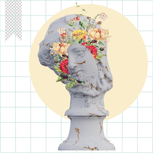 PSD Żałobne posągi penelopy 3d render collage z płatkami kwiatów kompozycje dla twojej pracy