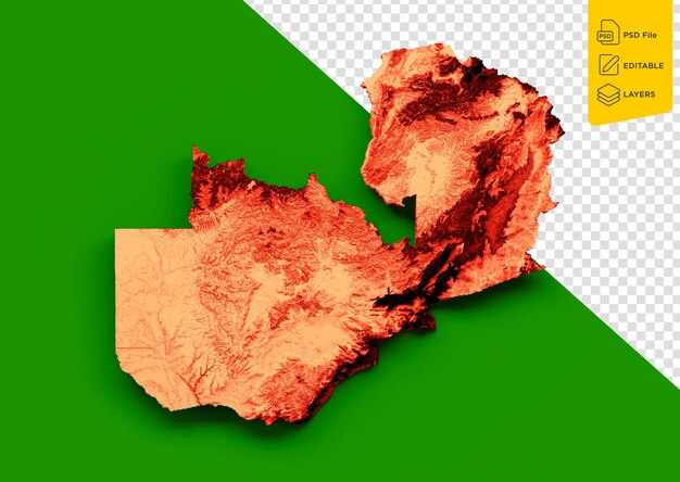 PSD ザンビアの国旗の地図 緑とオレンジの色 浅い地図 3dイラスト