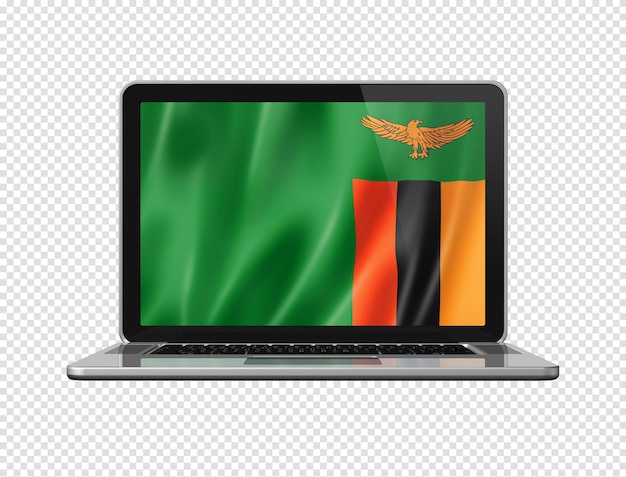 Замбийский флаг на экране ноутбука изолирован на белой 3D иллюстрации