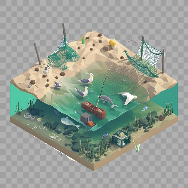 PSD zanieczyszczona laguna z działalnością rybacką i odpadami rybackimi si izometryczny 3d render prosty minimalistyczny art