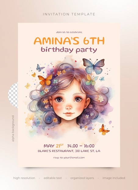 PSD zaproszenie na przyjęcie urodzinowe akwarelowe dziewczyny z motylami i kwiatami we włosach