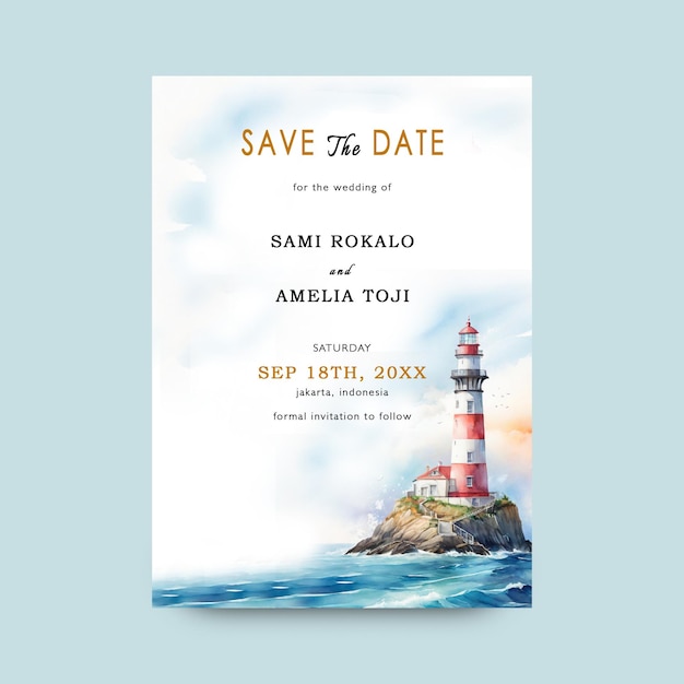 PSD zaproszenie na ślub w kolorze akwareli z naturalnym krajobrazem i latarnią morską na środku morza