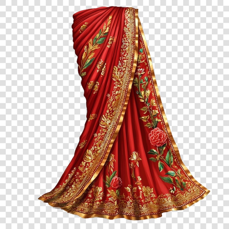PSD zari embroidered red silk bridal saree isolated on a transparent background