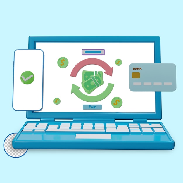 Zarządzanie finansami przez telefon komórkowy lub laptop Realistyczny render 3d