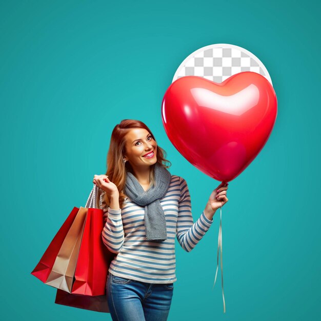 PSD zaskoczona młoda kobieta w swetrze trzyma pakiety na zakupy i balon powietrzny serca