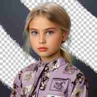 PSD zastanawiająca się mongolska dziewczyna w kolekcjonowaniu znaczków ubiera niechętne blond dziecko z palcem na ustach