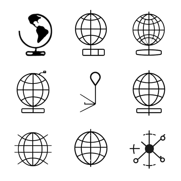 Zbiór ikon globu i ilustracji przedstawiających Ziemię i globalne koncepcje