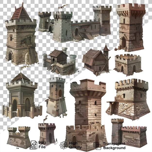PSD zbiór modeli zamku z budynkiem w tle