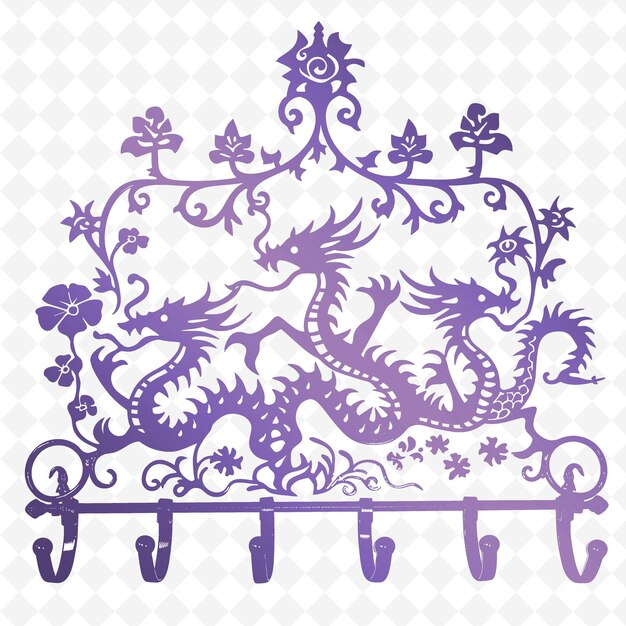 PSD zbiór motywów dekoracyjnych iron coat rack outline with dragon design and treasure acce illustration