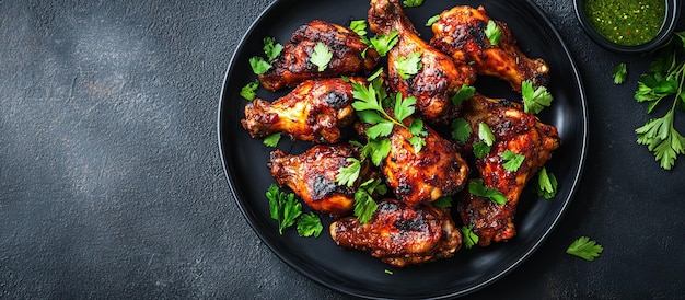 Zbliżenie skrzydeł z kurczaka na barbecue na czarnym talerzu