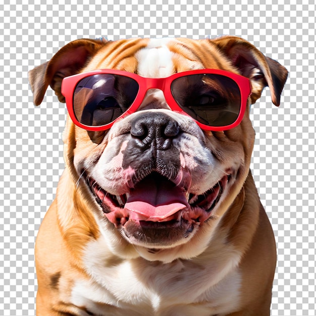 PSD zbliżenie szczęśliwego angielskiego buldoga z okularami przeciwsłonecznymi piękny pies gotowy na letnią plażę izolowany na przezroczystym tle png